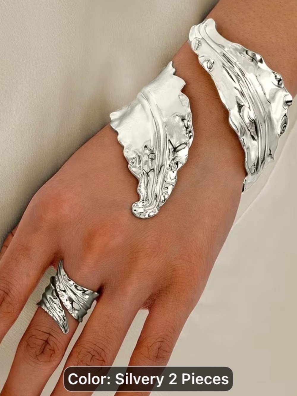Vintage Silver Sculpted Cuff Bracelet and Ring Set-Adjustable Bracelet